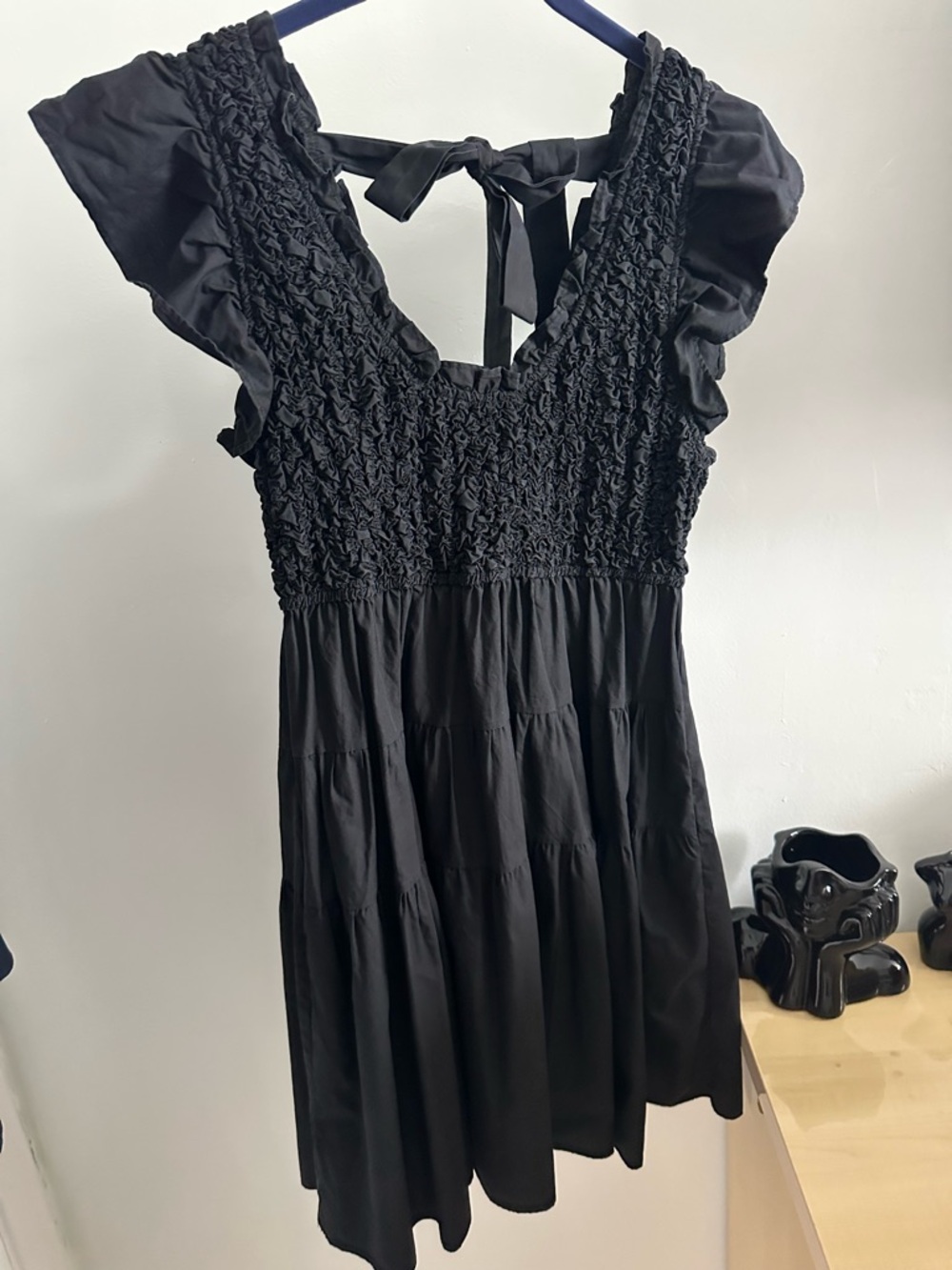 En Saison Washed Black Smocked Dress | Ruffle Sleeves Tie Back | Size L